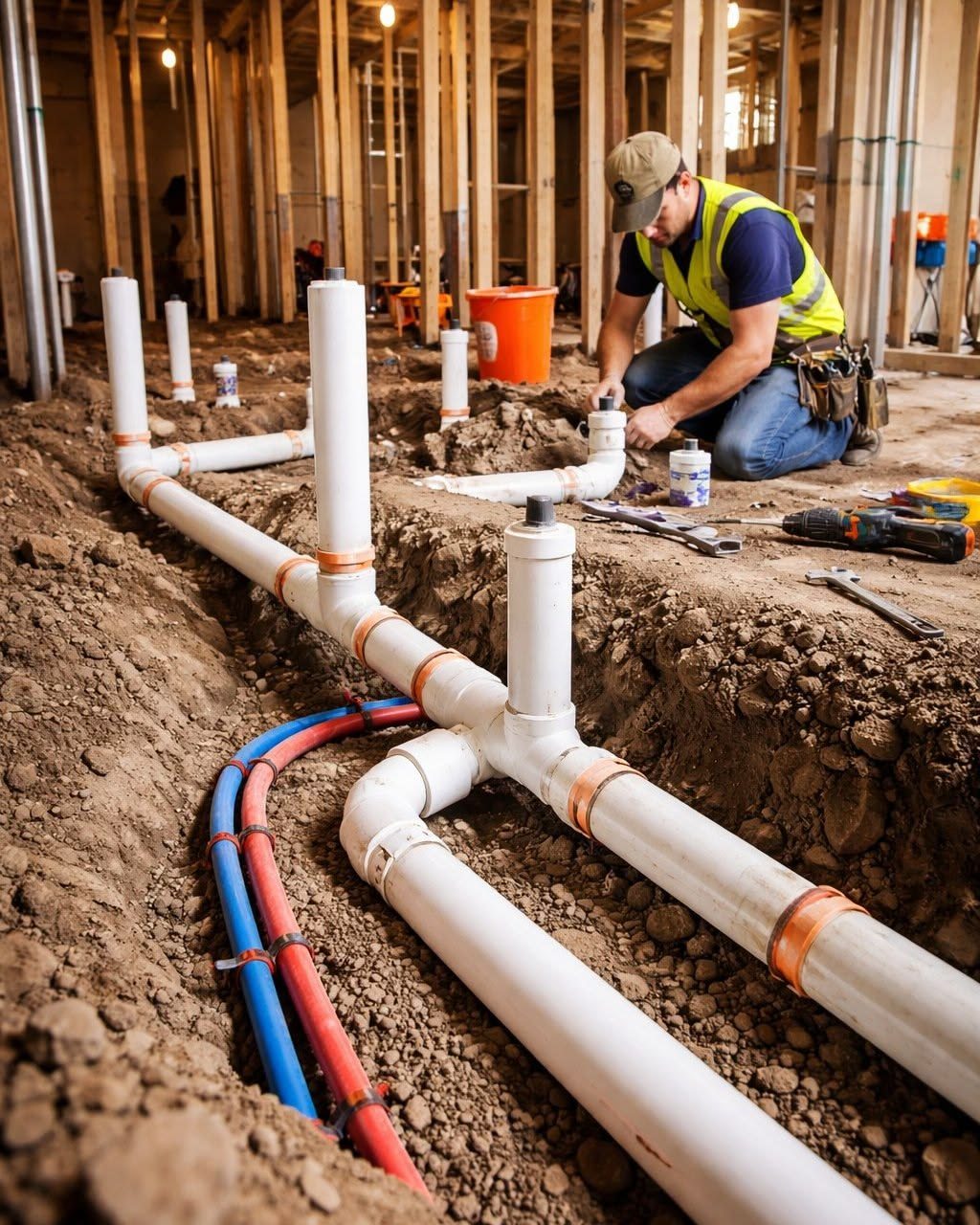 Instalación de tuberías de plomería en obra